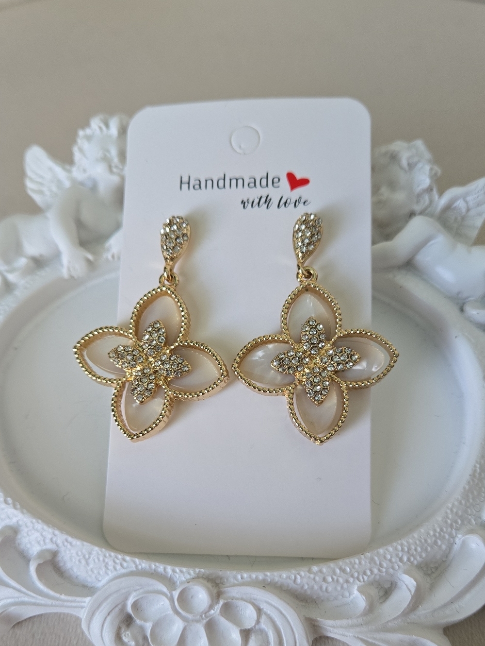 Gold Floral Drop Earrings with Crystal Accents